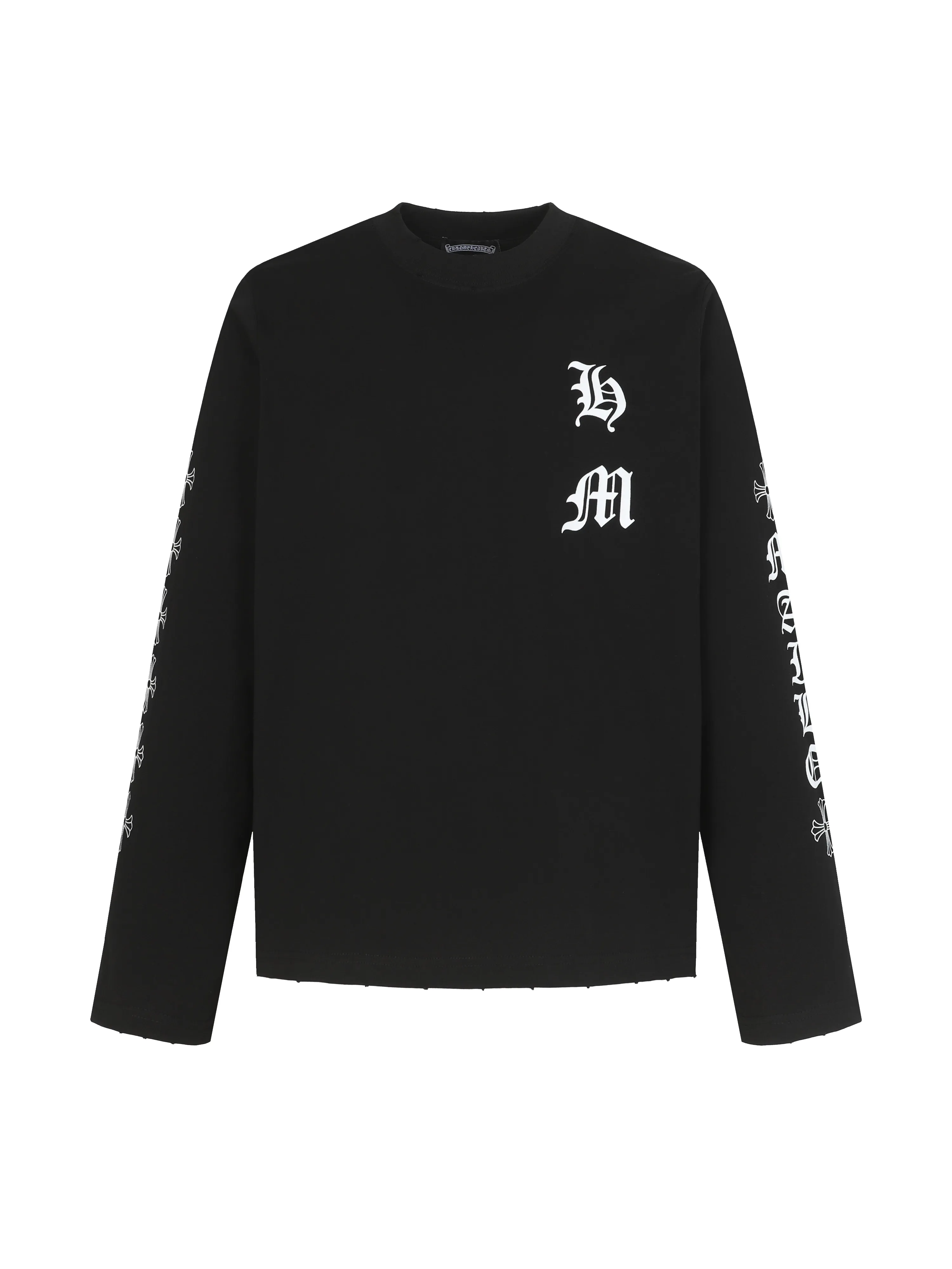 🅿️270 CH/Croxin new frayed printed long sleeves 280g double yarn fabric frayed on four sides Heavy fabric The neckline is made of icy Solona Loose fit Deep, wide and stylish No deformation or shrinkage Color: Black/White Size: XS-L